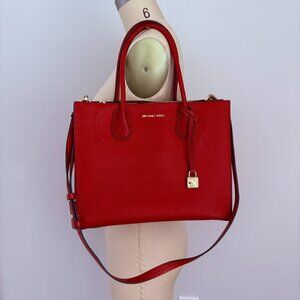 Michael Kors Mercer Red Large Pebbled Leather Accordion Tote Crossbody Bag
